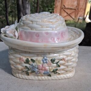 Floral Ceramic Basket with Pink Ribbon trinket Box